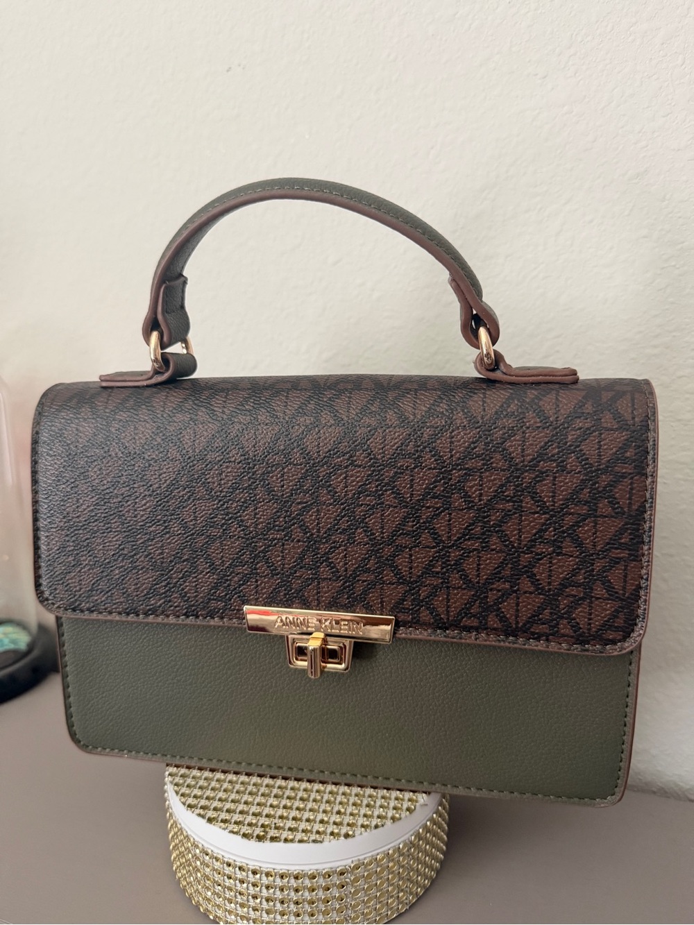 Anne Klein Olive Green & Brown Signature Top-Handle Satchel